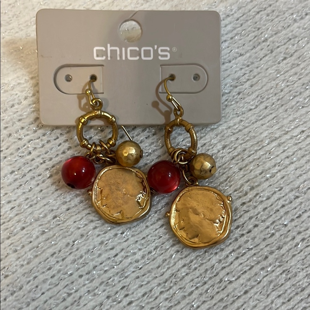 Chico's Gold and Red Dangle Earrings